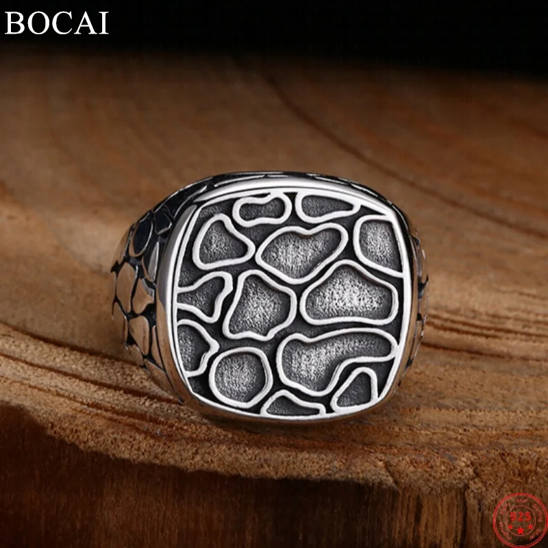 

BOCAI S925 Sterling Silver Charms Rings for Men Women Retro Emboss Irregular Pattern New Fashion Punk Jewelry Free Shipping ﻿