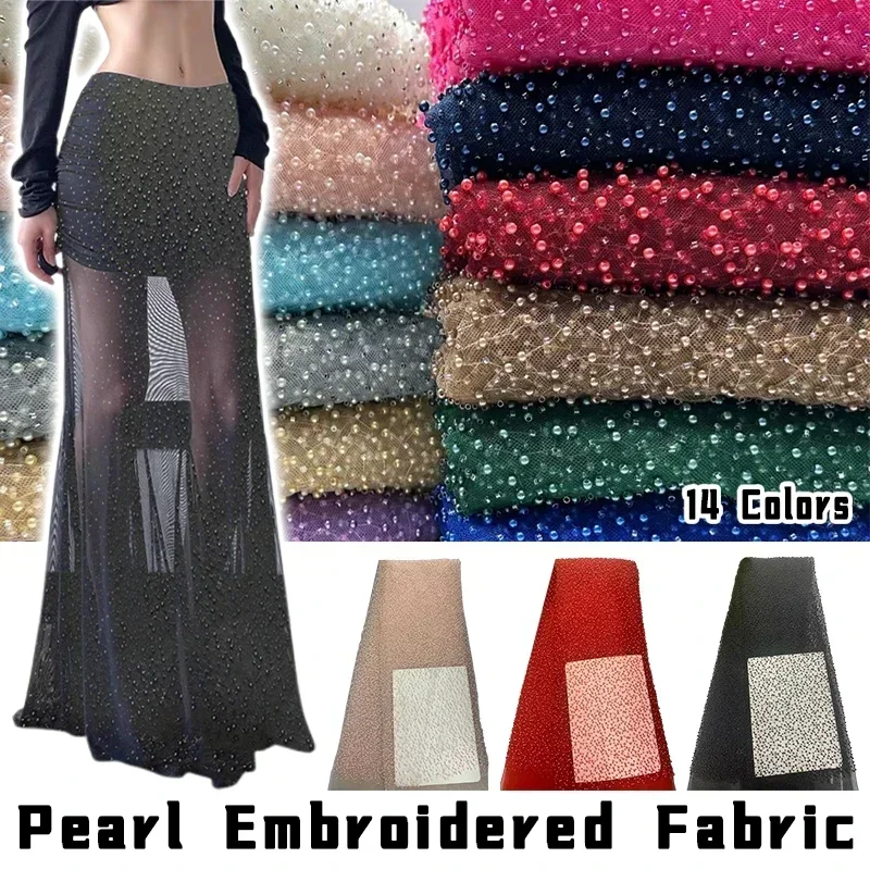 1yard Pearl Mesh Fabric Round Bead Tube Embroidery Fabric High-End Wedding Dress Skirt DIY Sewing Fabric Tulle Cloth 125cm Width