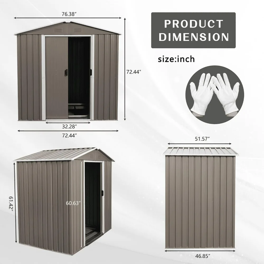 Gray 6-Foot by 5-Foot Metal Storage Shed with Secure Sliding Doors, Ventilated Outdoor Garden Shed featuring Hooks and Durable S