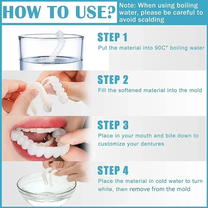 의치 풀 세트, 천연 완벽 피트 치아 미백 스냅 온 실리콘 의치, 즉석 미소 베니어 치아, 덴타듀라 미용 도구