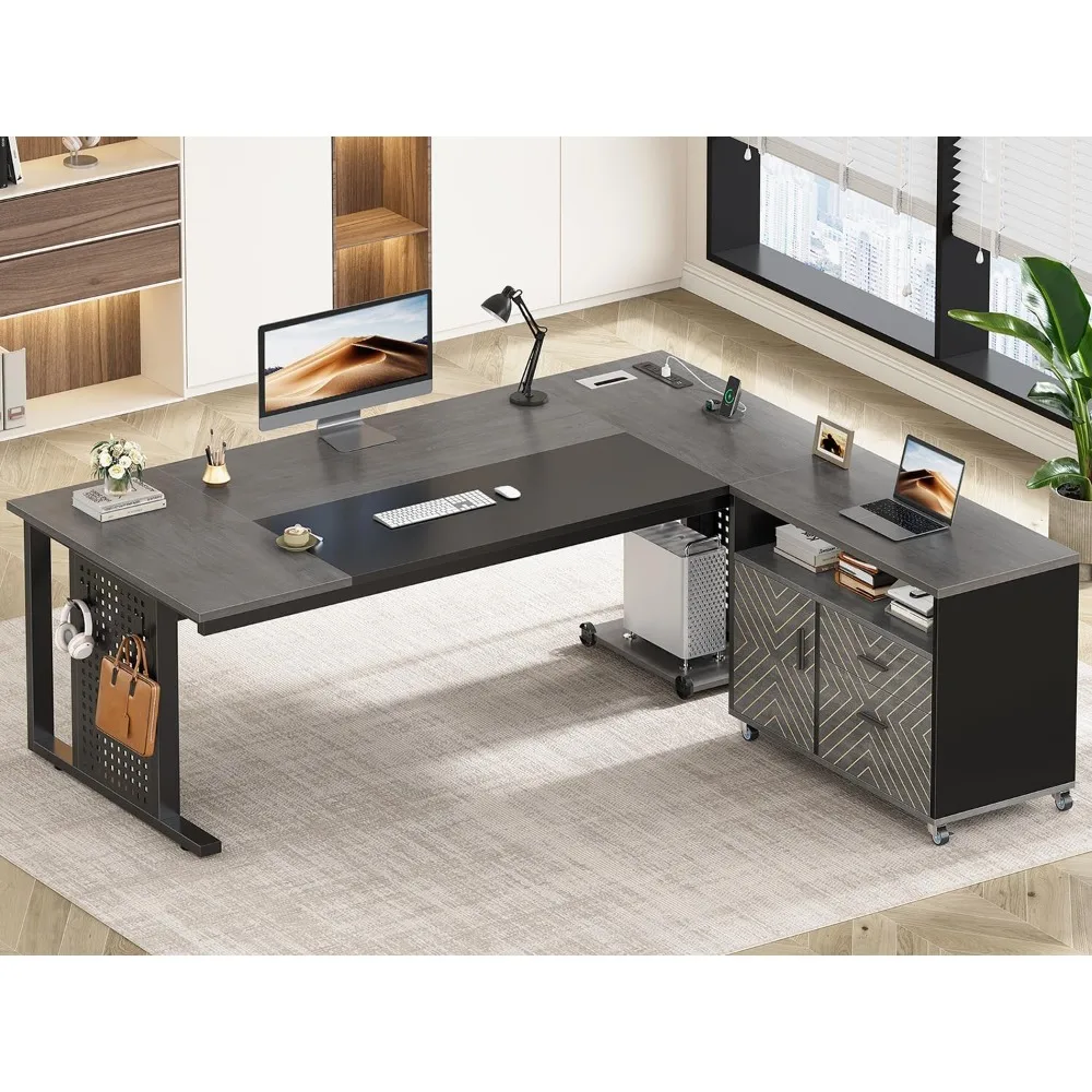 

71" Executive Desk with Rolling File Cabinet, Large Office Desk with Drawers,with Power Outlets, L Shaped Computer Desk