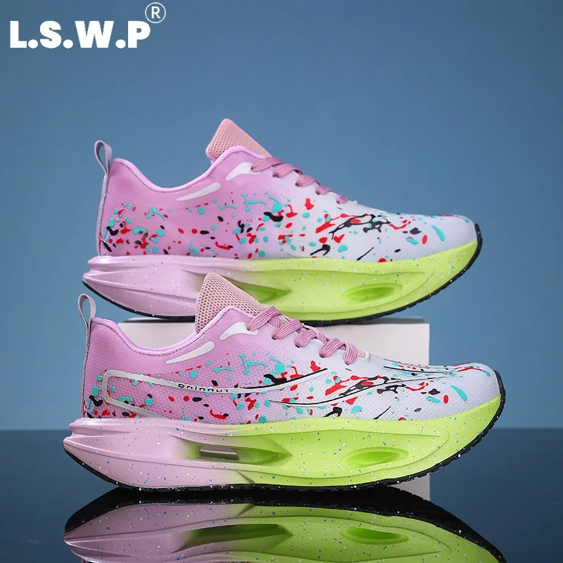 Men's Running Shoes, Tennis Shoes, Summer Men's Trendy Splash-Ink Print Running Shoes, Breathable Mesh Thick-Soled High-Elastic Shock-Absorbing Sports Shoes, Lightweight Hollow-Out Shock-Absorbing Non-Slip Wear-Resistant Running Shoes for Men and Women, Fitness Jogging Casual Travel Versatile Shoes for Men and Women