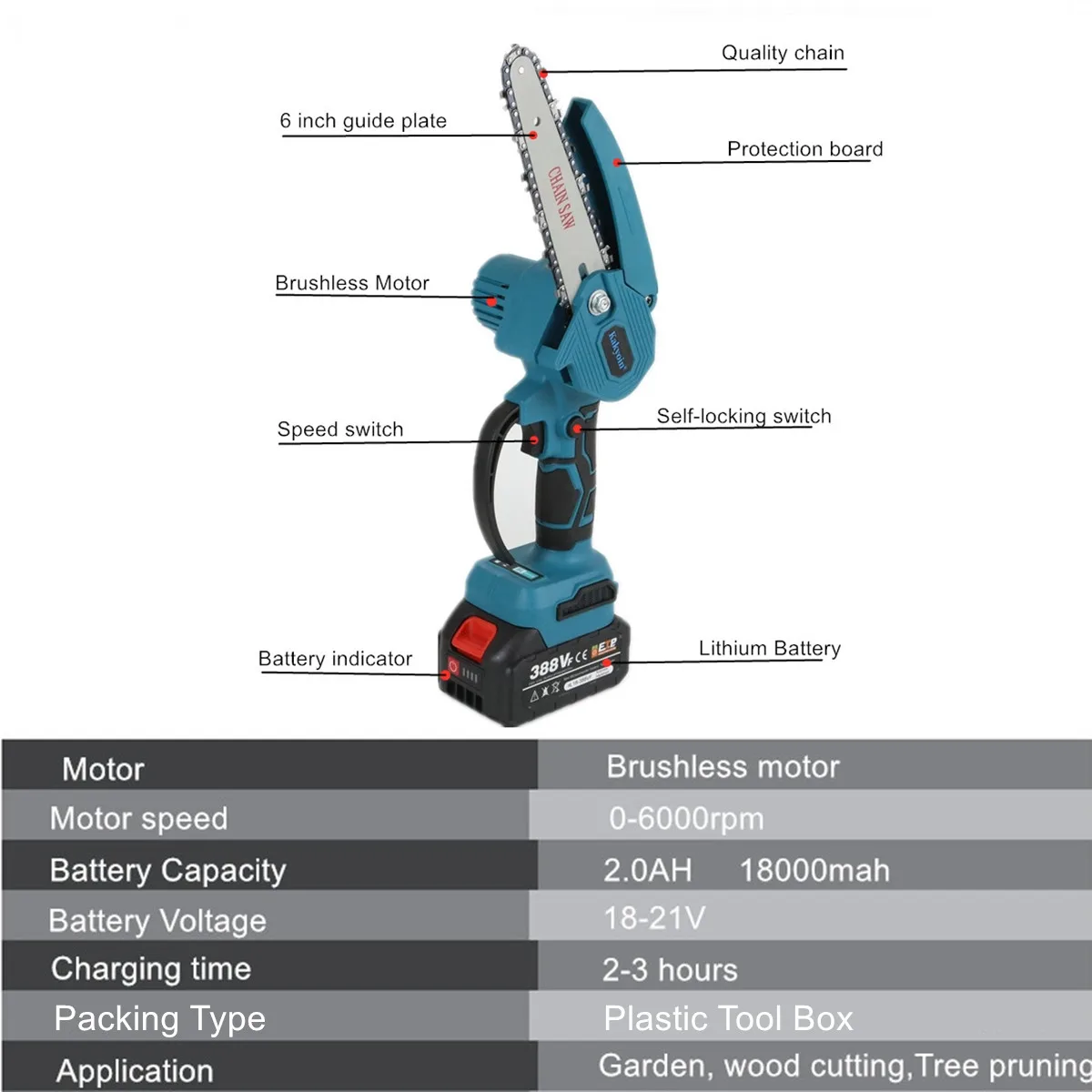 6 Inch 1200W Cordless Mini Electric Pruning Saw Brushless Handheld ChainSaw Woodworking Electric Saw Cutting Tool Garden Tool