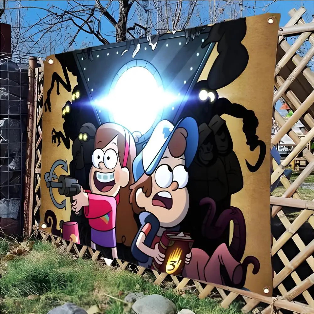 Drapeaux Gravity F_Falls remarquables, design sans bordure à quatre anneaux, décoration intérieure et extérieure, installation facile à suspendre