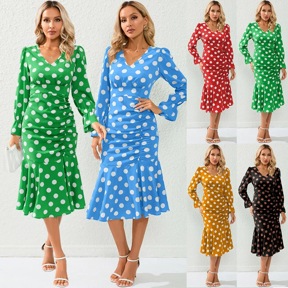 

Sexy Polka Dot V-neck Long-sleeved Pleated Fishtail Dresses Temperament Medium and Long Women's Clothing Large Size Vestidos