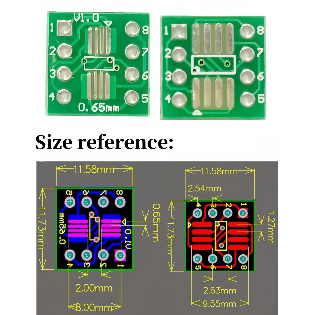 Patch Turn In-line DIP IC Pin Distância, IC Conversion Board, SOP8, SSOP8, TSSOP8, 0,65mm, 1,27mm, 20pcs