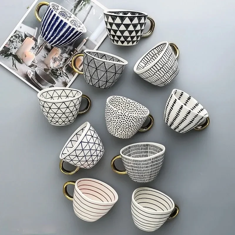 American Irregular Geometric Ceramic Coffee Cup with Gold Plated Handle Black and White Pattern Milk Tea Cup Home Accessories