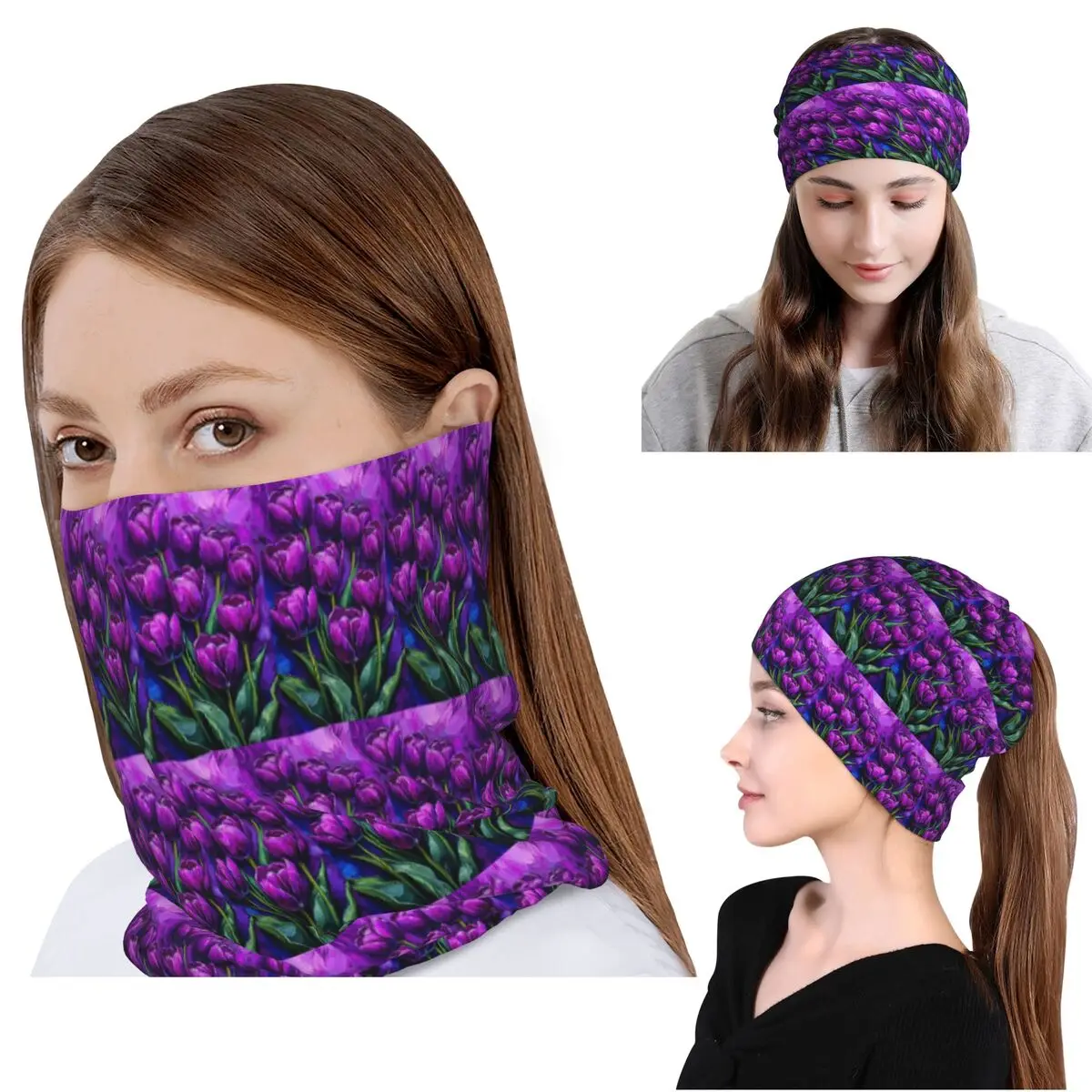 Purple Tulip Oil Painting Print Bandana Neck Gaiter Wrap Scarf Warm Headwear Beanies Hat Unisex Adult Washable