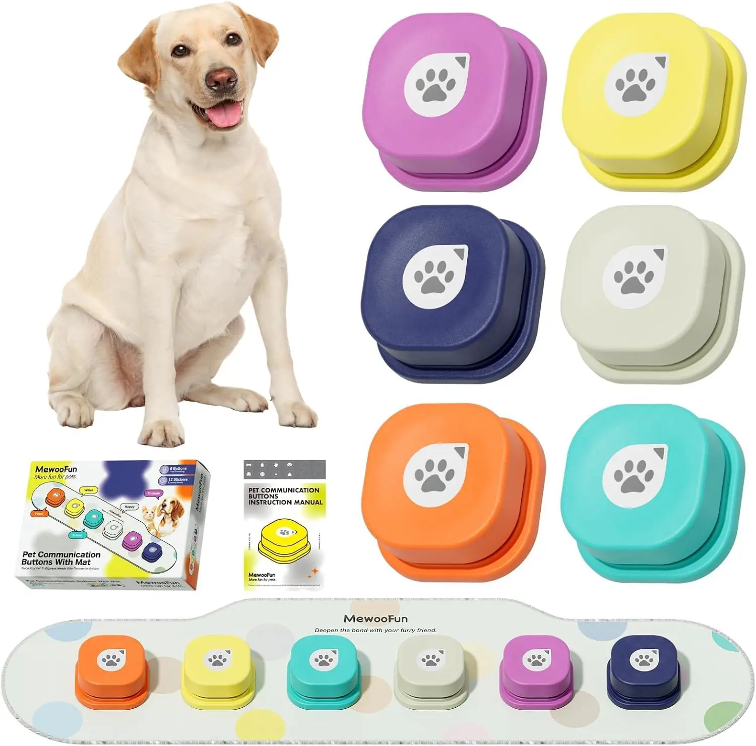 Mewoofun Dog Buttons Training Words Dog Talking Training Buttons Set 6 Packs for Communication Starter Pack with Training Manual