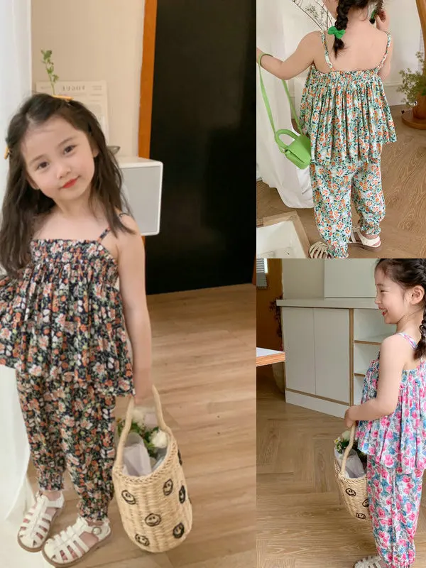花柄プリントクールストラップガールズアウトフィットロングパンツサマー子供服新スタイル韓国版ベビー服セット女の子用