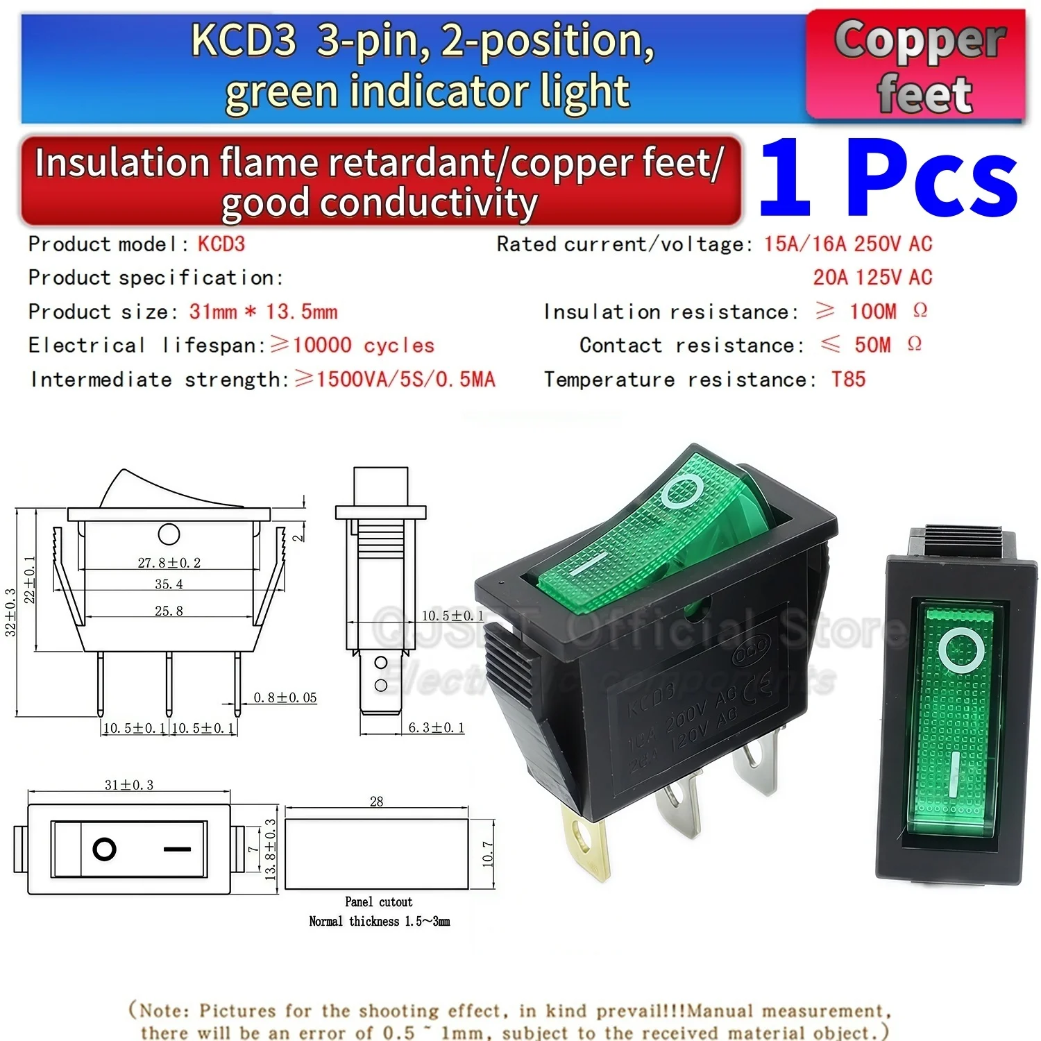 1 Stück KCD3 Wippschalter EIN-AUS-EIN 2 3 Positionen 2 3 Pins Elektrische Ausrüstung Mit Lichtschalter 15A16A 250V/220V 20A 125V AC – Detail 12