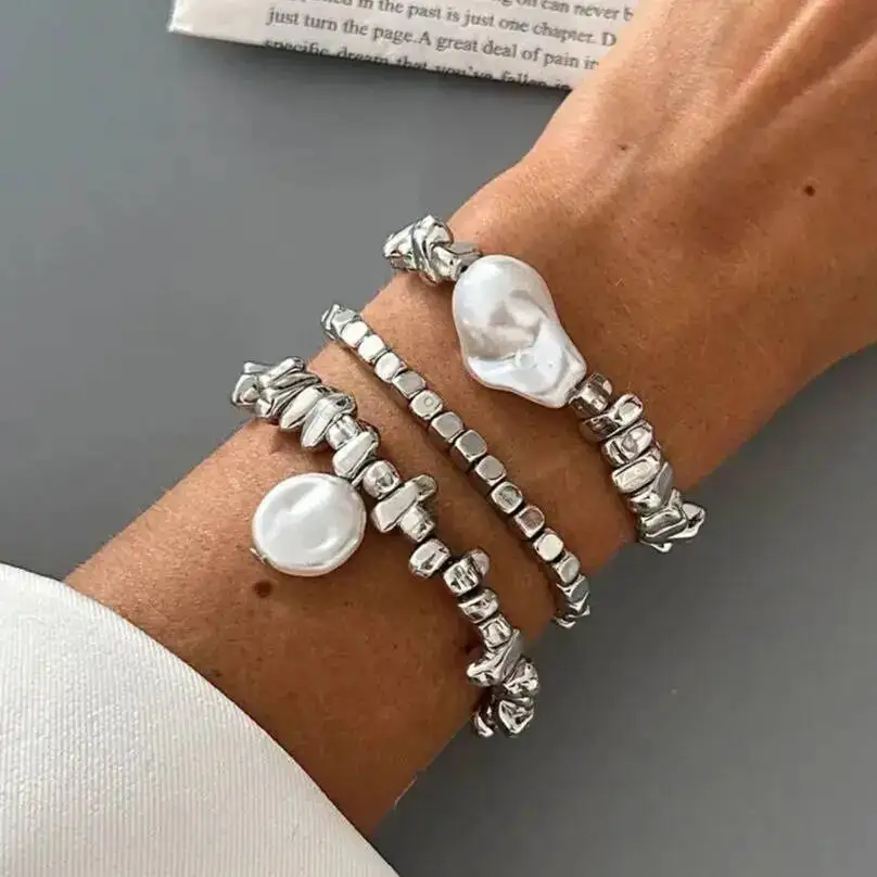 

SHIXIN 3Pcs/Set Elegant Baroque Imitation Pearl Bracelet Women Retro Silver Color Acrylic Beaded Bracelet Stackable Hand Jewelry