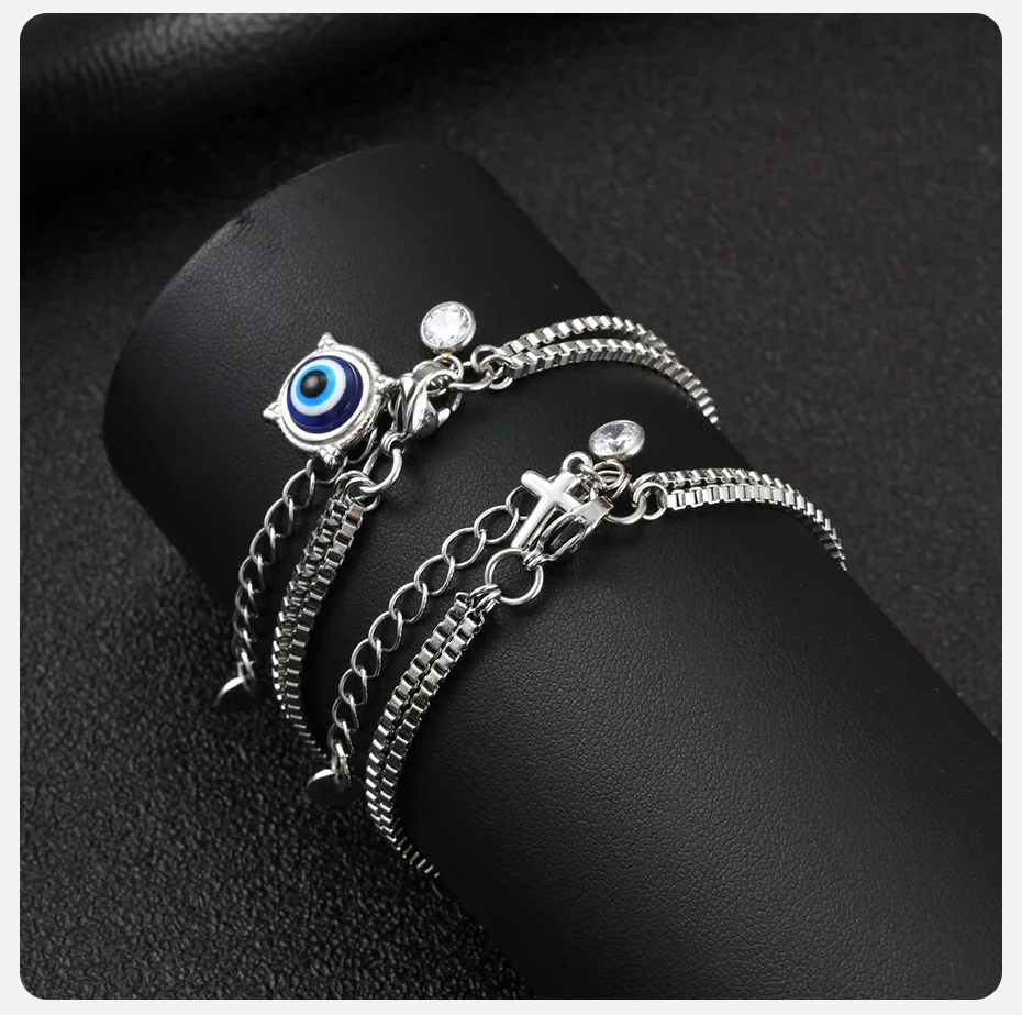 Vnox Evil Eye Cross Charm-Armband für Männer und Frauen, Edelstahl-Kastenkette, verstellbares Amulett, Geburtstagsparty, Schmuck, Geschenk – Detail 5
