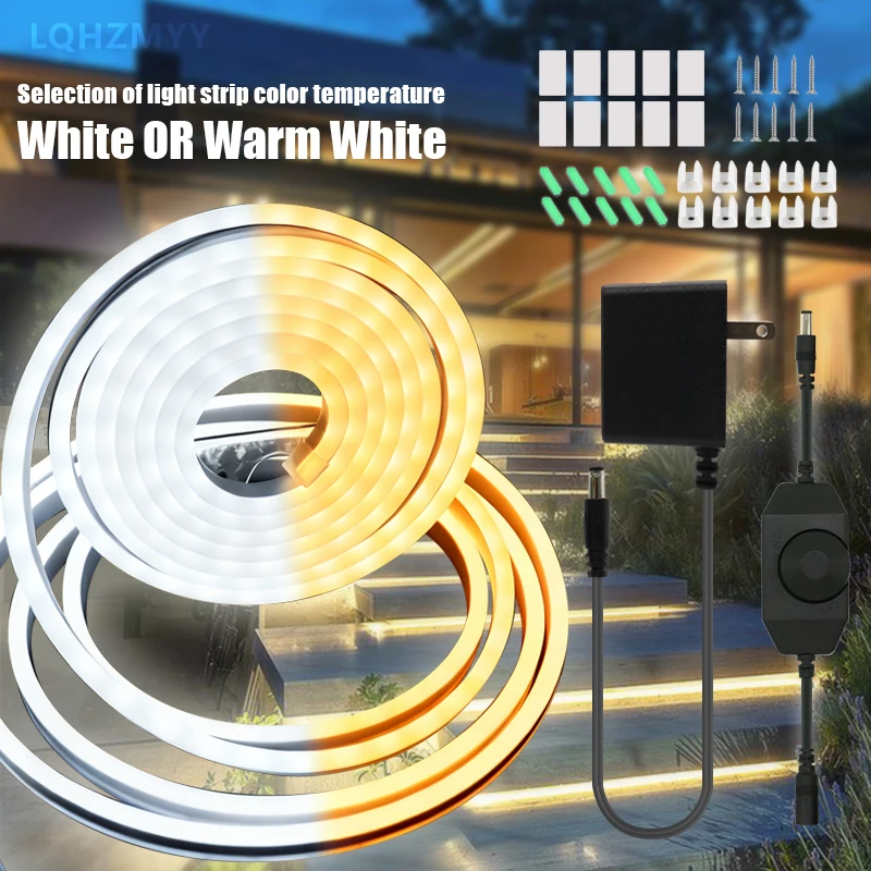 1 roll of LED neon light strip with knob dimmer, US standard plug, with knob dimmer for adjusting light brightness, white light/warm white, 5m / 10m , 24V neon light, suitable for TV mirror backgrounds, cabinets, wardrobes, staircases, corridors, bedroom ceilings, and for festive party decoration