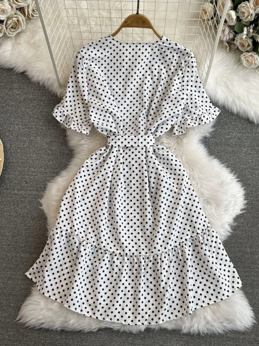 البولكا نقطة V-ne ort Sve ألف خط الدكتور مع حزام التخسيس العلاقات زر واحد ميدي الدكتور للشابات الربيع الصيف #4