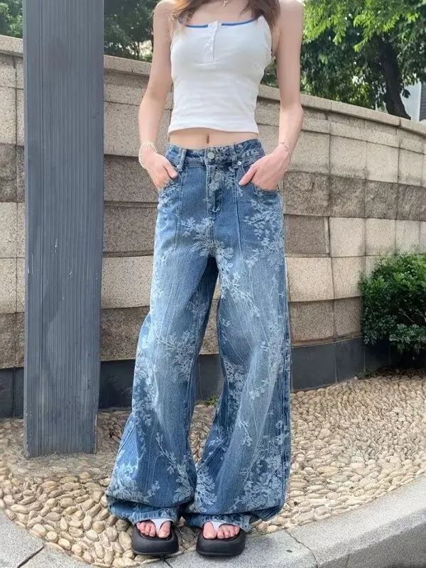 

Женские джинсовые брюки, осень 2024, хлопковые жаккардовые широкие брюки, прямые ковбойские брюки полной длины, корейские нишевые жаккардовые широкие джинсы