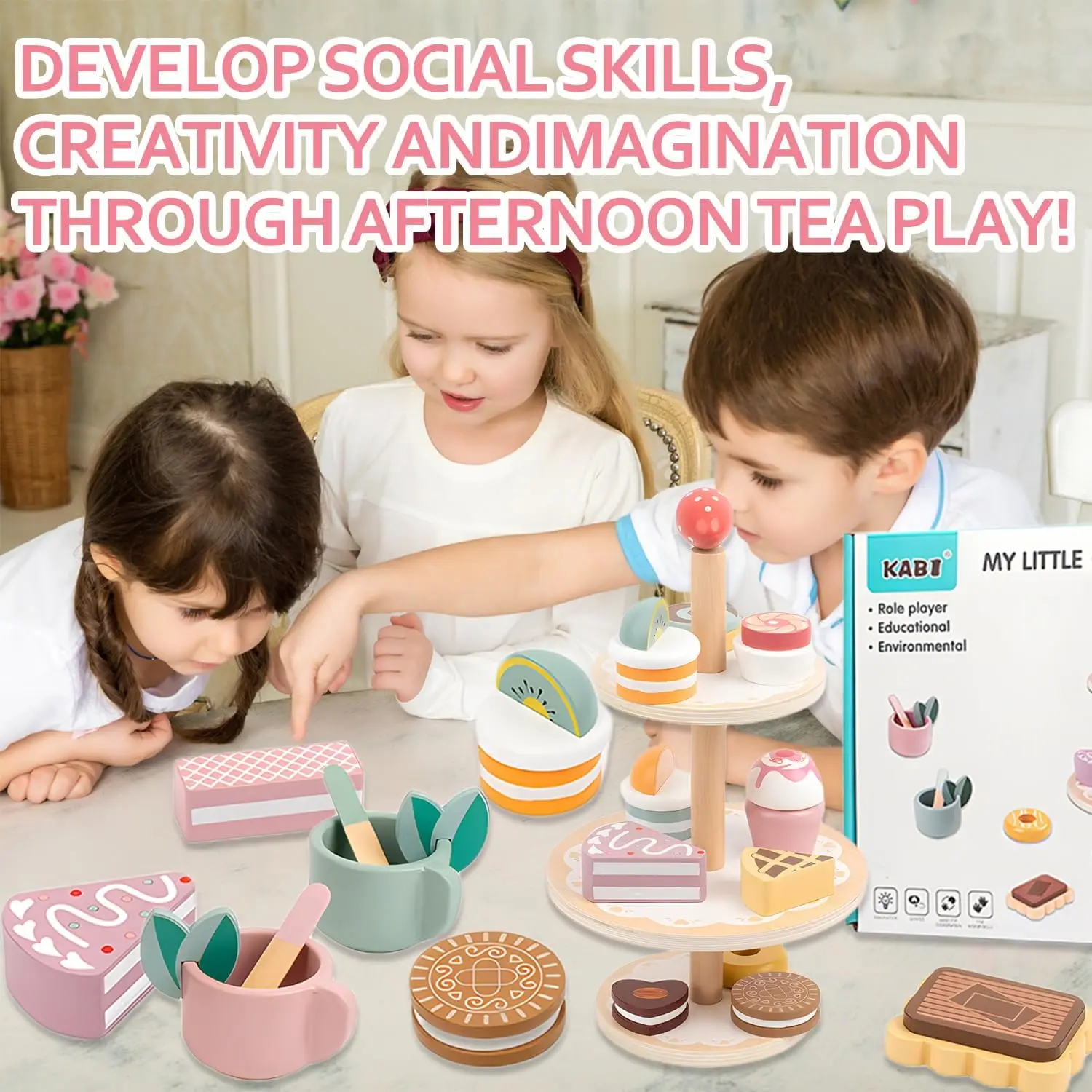 ชุดน้ำชาพร้อมขาตั้งขนมหวาน ของเล่นไม้ ชุดของเล่นทำอาหารเสมือนจริง อุปกรณ์ครัวสำหรับเด็กเล็ก ชุดน้ำชา ของขวัญวันเกิด