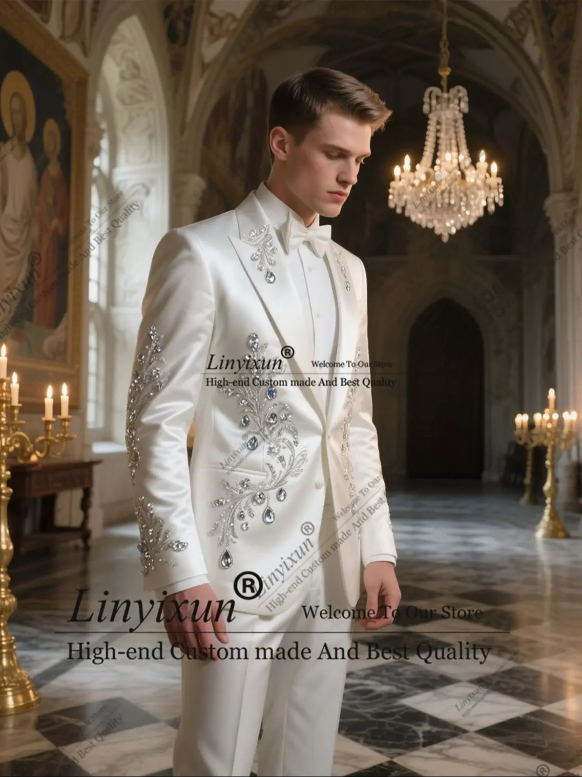 Handsome 2 Pieces Sets Groom Male Prom Blazers Glitter Diamond Men Suits Slim Tuxedos Wedding trajes para hombre Customized