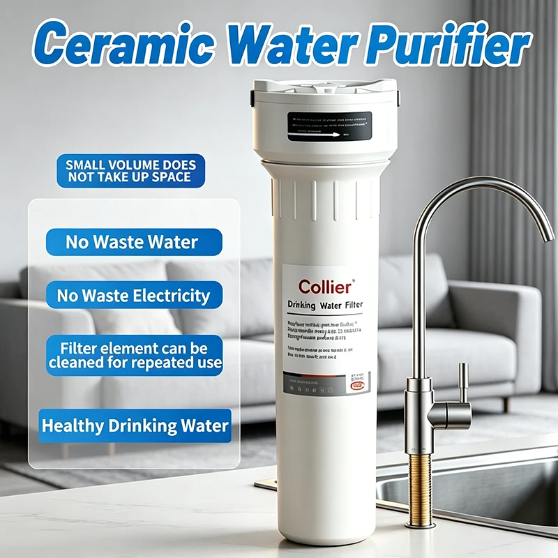 

Non-electric ceramic water purifier, easy install for tap water filtration, drinkable directly, kitchen, home, RV and rental.