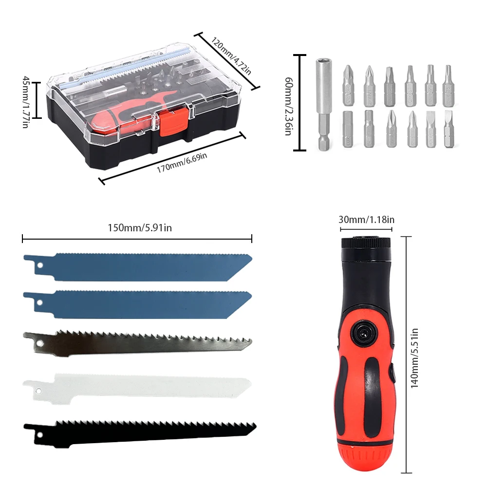 19Pcs Saber Saw Set Multifunctional Handle Fits Reciprocating Saw Blades & Screwdriver Bits Cutting Tool for Wood Plastic Pipe