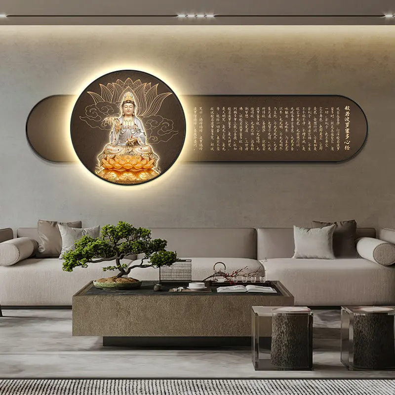 Living room decoration painting, Zen Buddha hanging painting, tea room study, LED lights, murals, calligraphy and painting