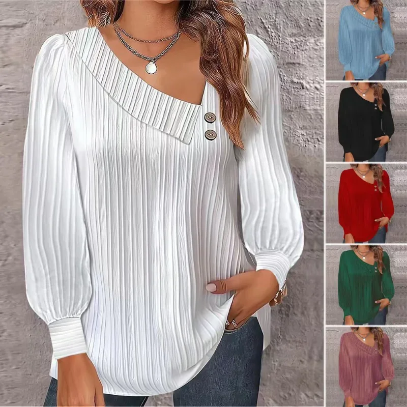 

Women's Long-sleeved Top Pullover V-neck Loose Solid Button Spring and Autumn Shirt