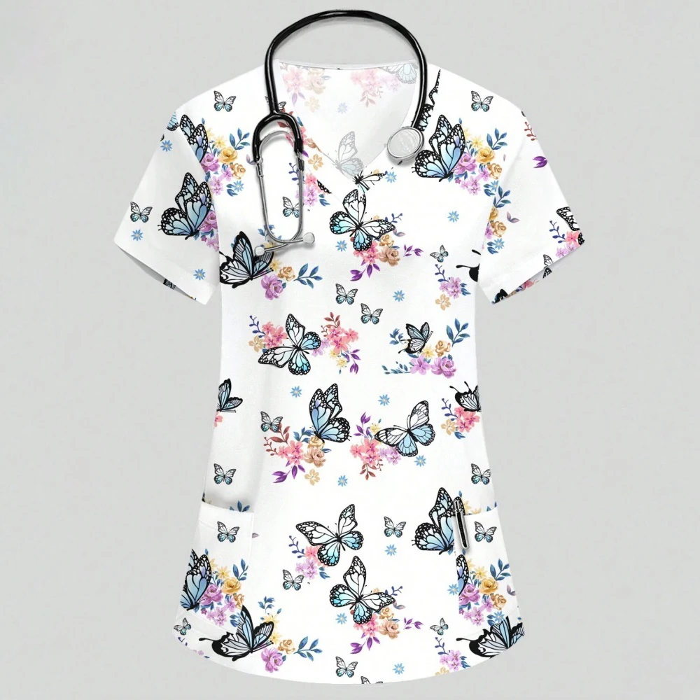 Women's Hospital Uniform Elegant Butterfly Print Obstetrics Nursing Tops V-Neck Micro-Stretch Short-Sleeved Tees Medical Clothes