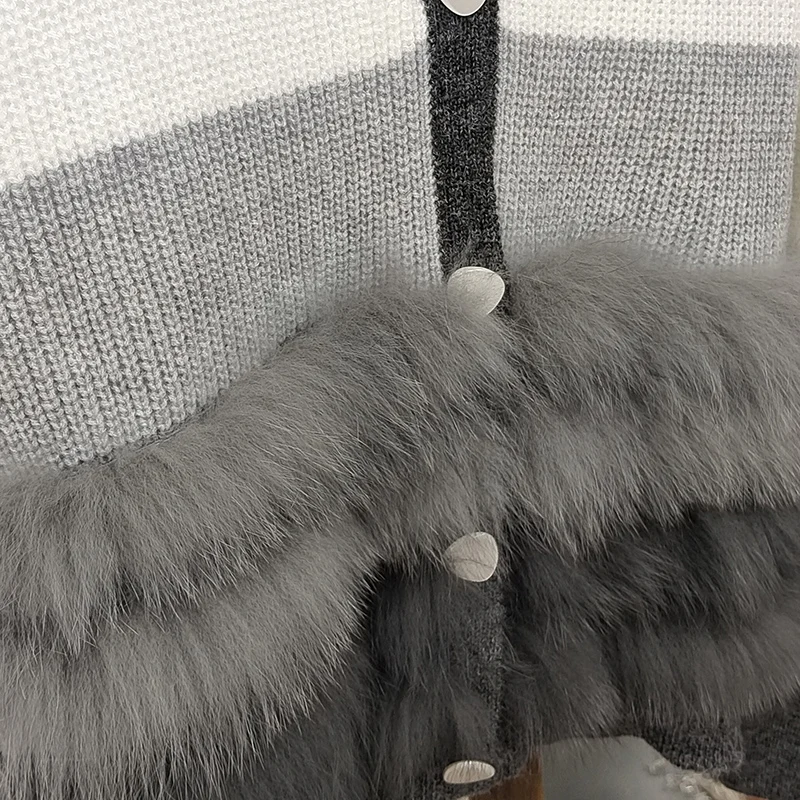 여성 니트 카디건 리얼 폭스 모피 긴 소매 패션 v 넥 가을 니트 패션 여성 카디건 스웨터