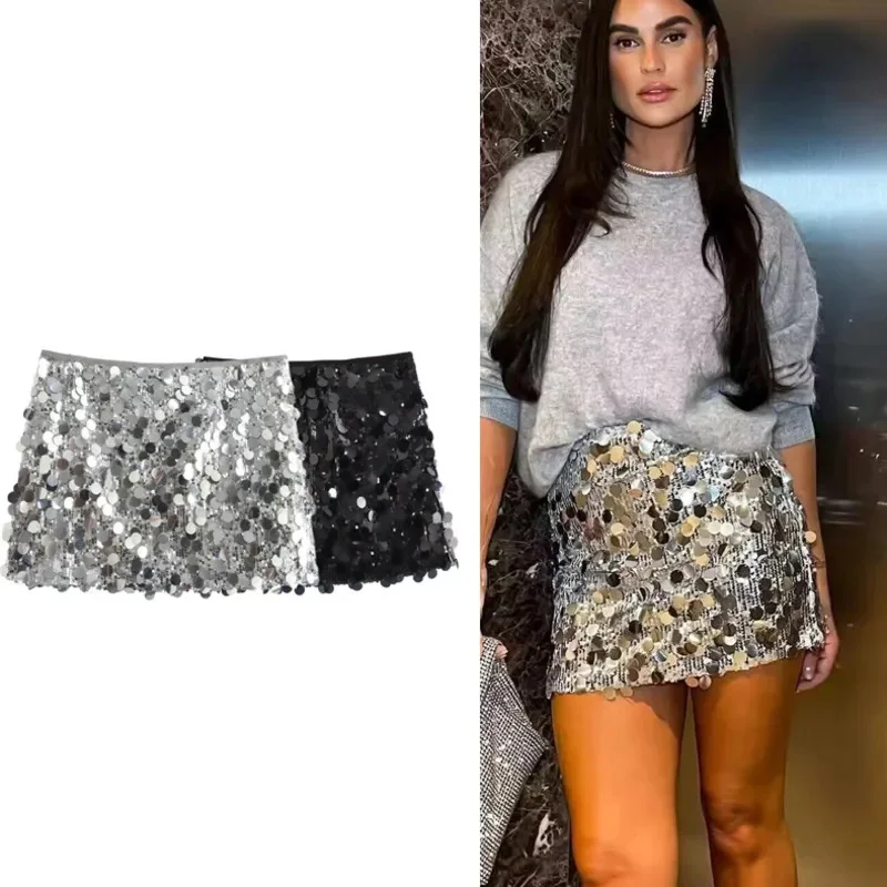 Sexy Sequin Mini Skirt Women Fashion Shiny Glitter Luxury High Waist Skirts 2024 Female Y2k Metallic Silvery Street Short Skirts