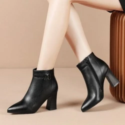 New Heeled Boots for Women's Block Heel, Pointed-toe Single  Boots and Short Pile Women Shoes