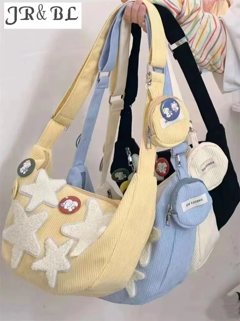 

Cute Soft Girl Corduroy Bag Women's Minimalist Versatile Casual Crescent Vintage Star Print Student Purse