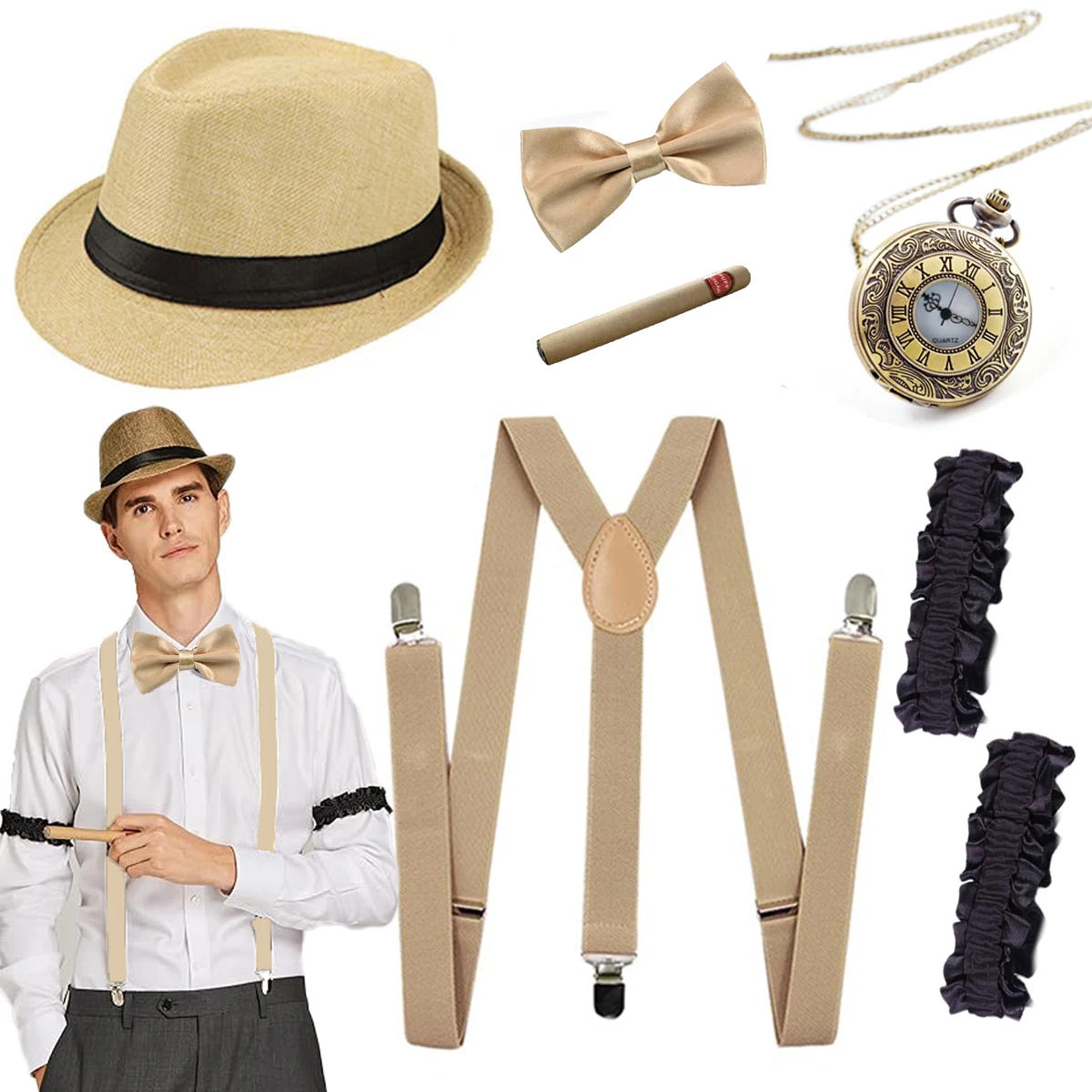 1920s Accessories for Men 20s Gatsby Gangster Costume Accessories Set Panama Hat Set Roaring 20s Costume(Beige)