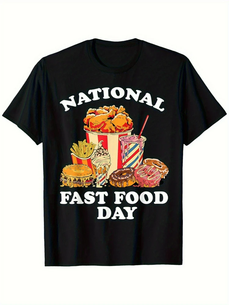 

National Fast Food Day & Iced Tea Day, cotton short-sleeved T-shirts with French fries, hamburgers and fried chicken patterns.
