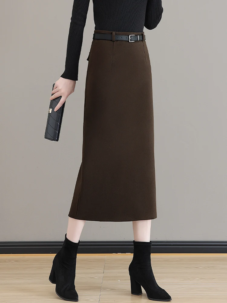 

High Waist Slimming Woolen Skirt Women's Autumn Winter New Style One Step Wrap around Skirt Back Slit Straight Cut Skirt