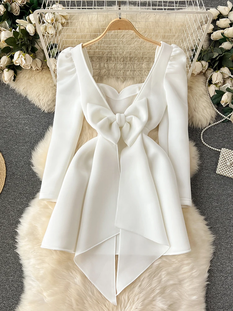 Women White A-line Evening Bow Dress 90s Vintage Long Sleeve Luxury Dresses  Y2k Elegant One Piece Frocks 2000s Cutecore Clothes - AliExpress 200000345