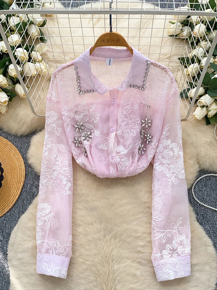

Spring Autumn French Diamond Embroidered Long Sleeve Shirt for Women's New Loose Casual Versatile Blouse Top Trendy C361