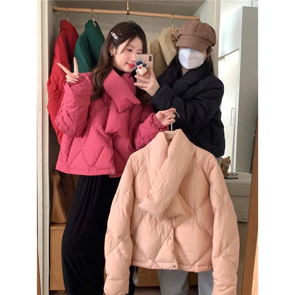 

Women Fashion Cotton Coat Sets Solid O-Neck One Breasted Quilted Jackets+Warm Scarf Plaid Print Female Versatile Padded Overcoat