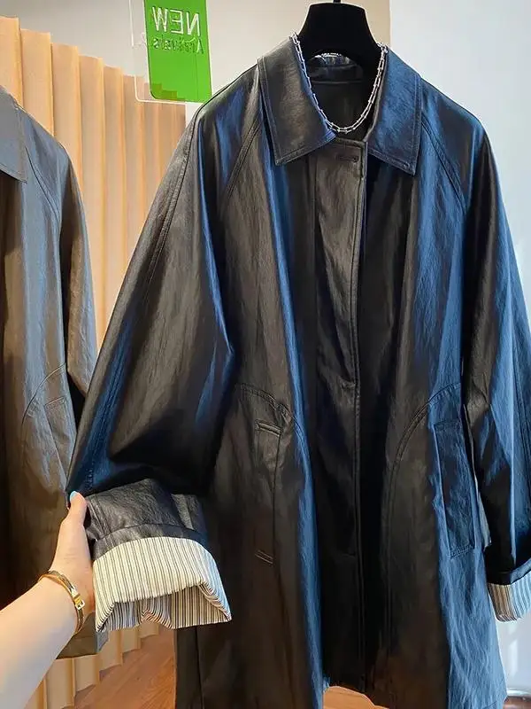 Caramel Brown Long Loose Women's Leather Jacket Autumn 2024 Fashion Casual Style Regular Sleeve Length Single Button Closure