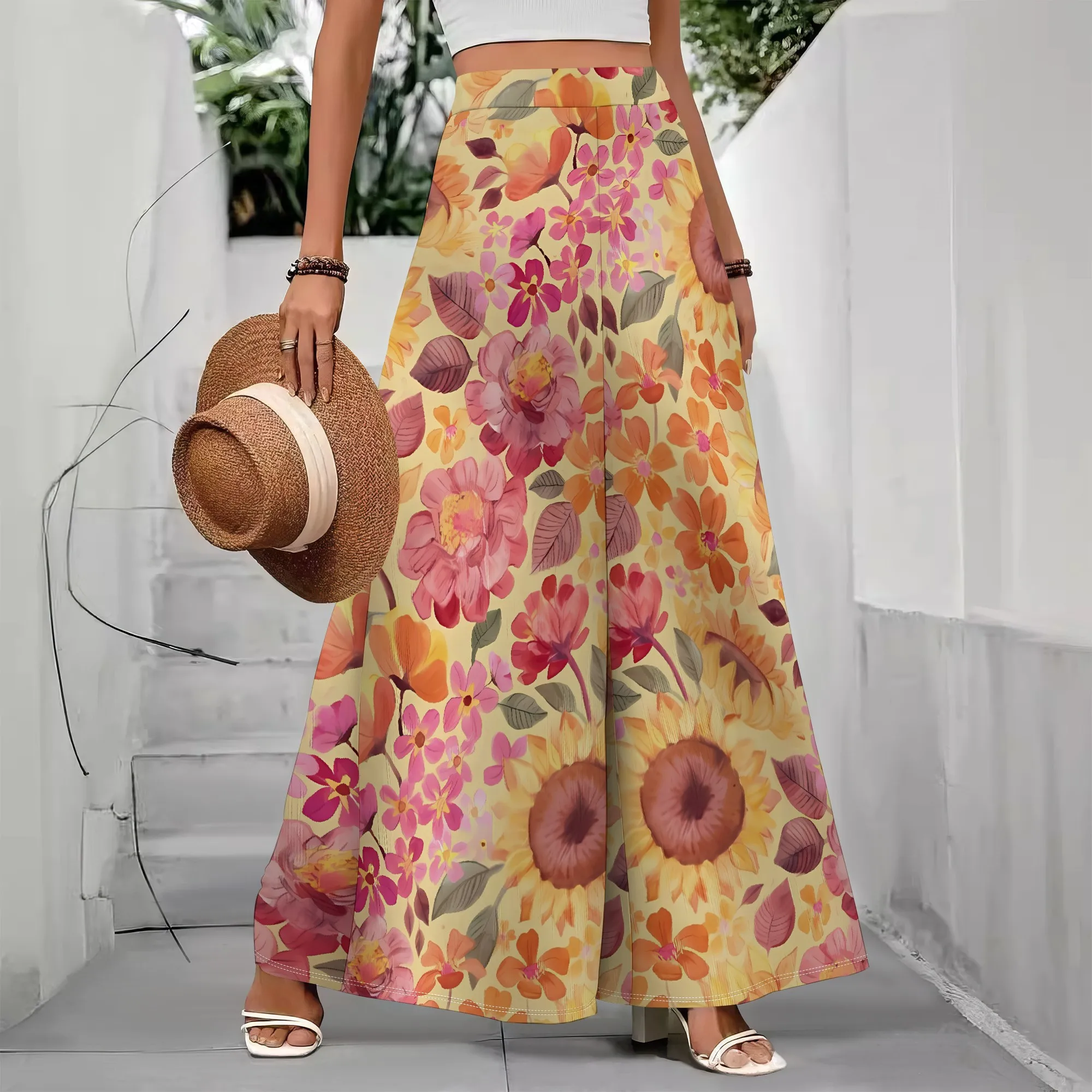 

Women's Black Floral Wide-Leg Flare Pants Polyester Party Summer Bold