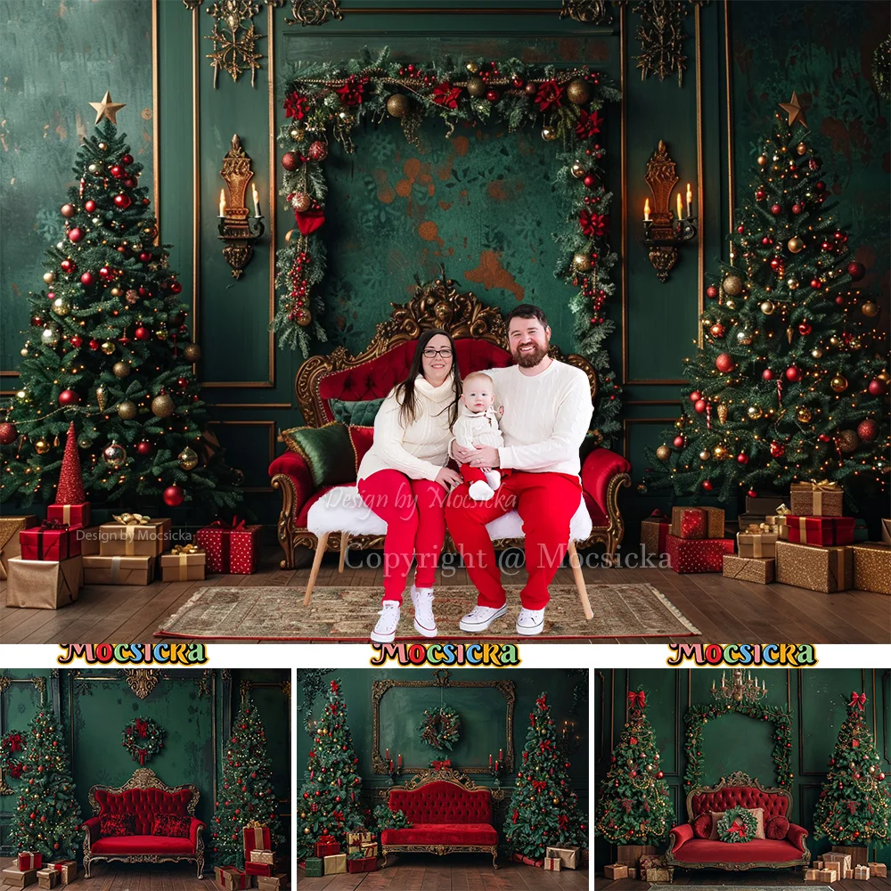 

Classical Green Christmas Background Photography Wall Red Sofa Xmas Tree Gift Backdrop Family Home Interior Winter Photo Studio