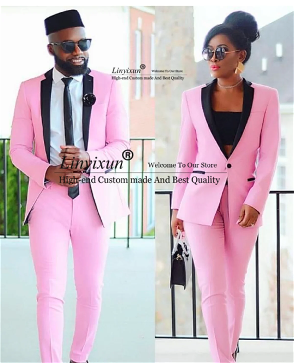 

Fashion Pink Mens Suit &Suit Women Notched Lapel Wedding Groom Tuxedos 2 Piece Jacket Pants Sets Couple Prom Party Blazer Outfit