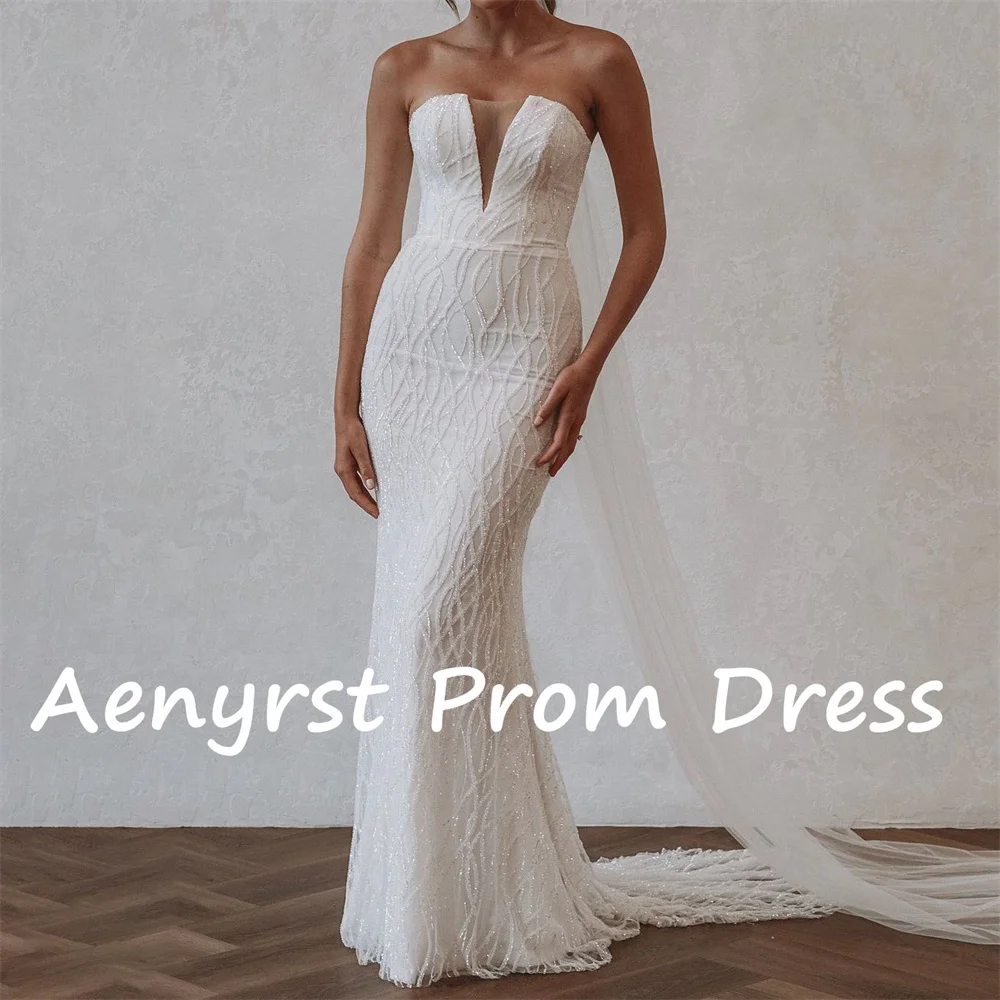 Aenyrst Lace Mermaid Strapless Wedding Dresses V Neck Beading Backless Court Train Bridal Gown Elegant Custom Made فستان الزفاف