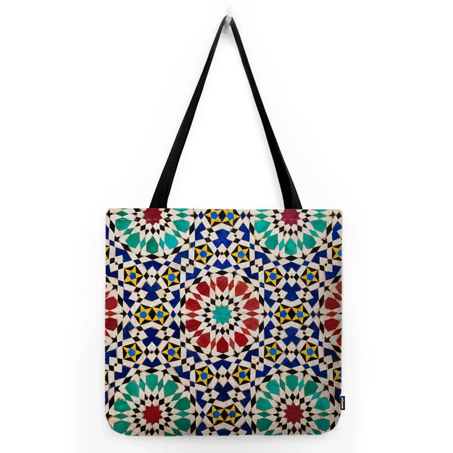 Classic Mosque Ceiling Mosaic Moroccan Pattern Arabic Tile Design Water Resistant Linen Shopper Bag Muslim Art Tote Bag