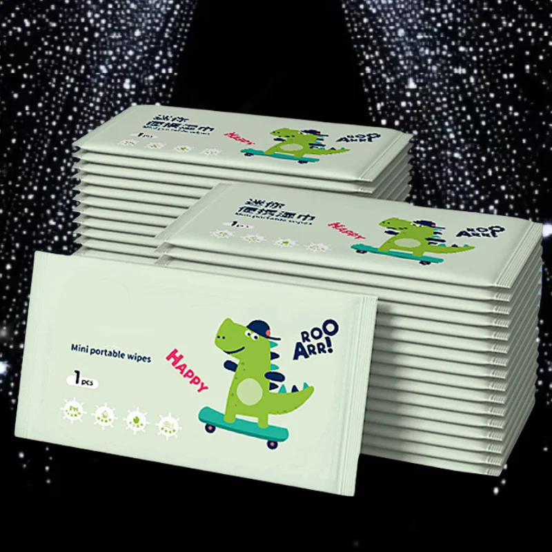 100/200 portable travel wet wipes - made of non-woven fabric, essential for camping and outdoor hygiene, featuring cartoon designs and a tissue box, suitable for hiking, picnics, and travel, with fun packaging and secure sealing