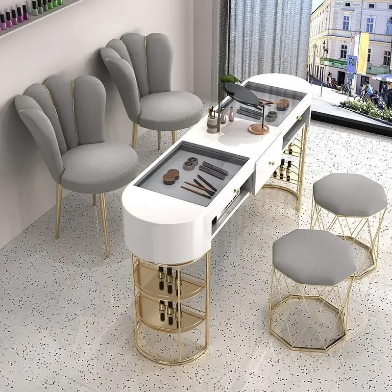 Hot Light Luxury Ins Style Nail Table Economy Glass Single And Double Nail Table Gold Special Nail Shop Set