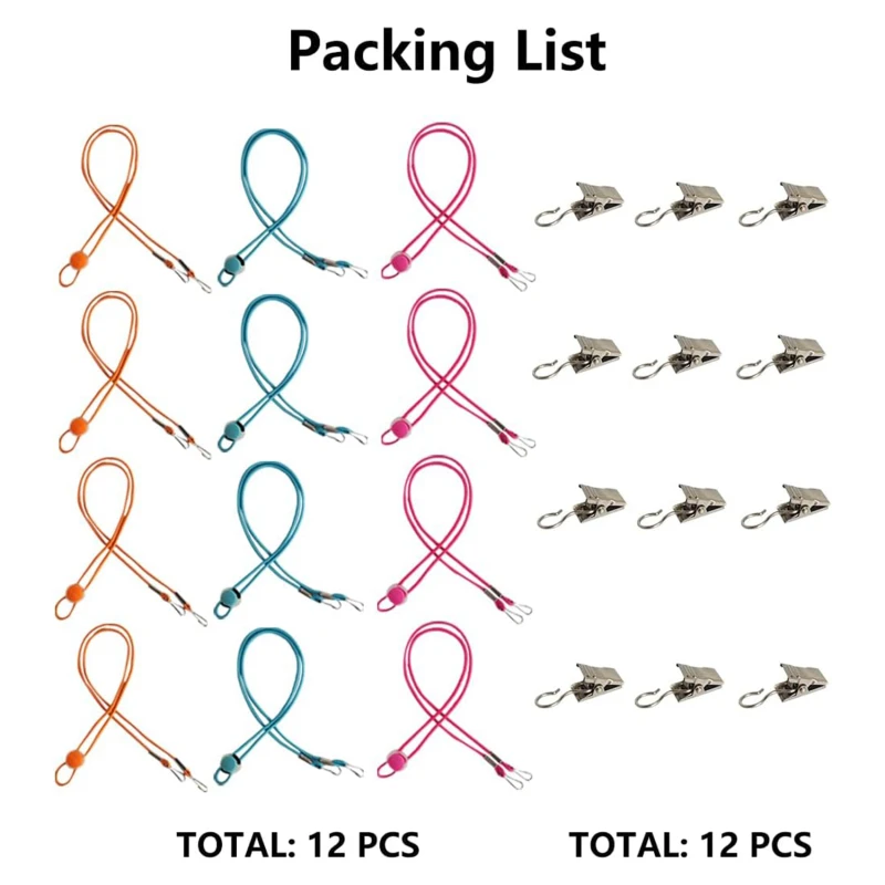 조절식 방풍 행잉 로프, 탄성 캡 로프, 행잉 넥 마스크, 익스텐션 오프닝 클립, 컬러 버클, 12 개/팩 