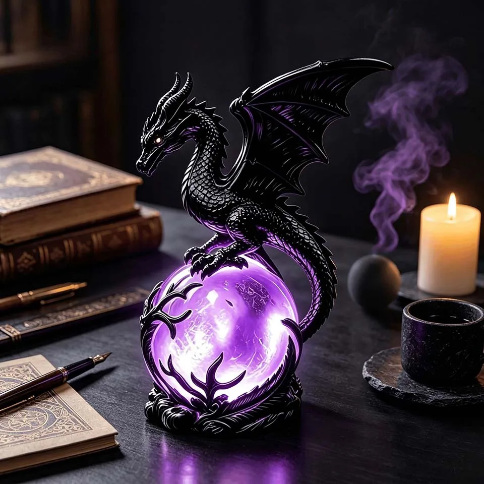Gothic Dragon LED Crystal Ball Lamp Multifunctional Fantasy Resin Dragon Night Light Witchy Table Lamp for Indoor Bedroom Decor