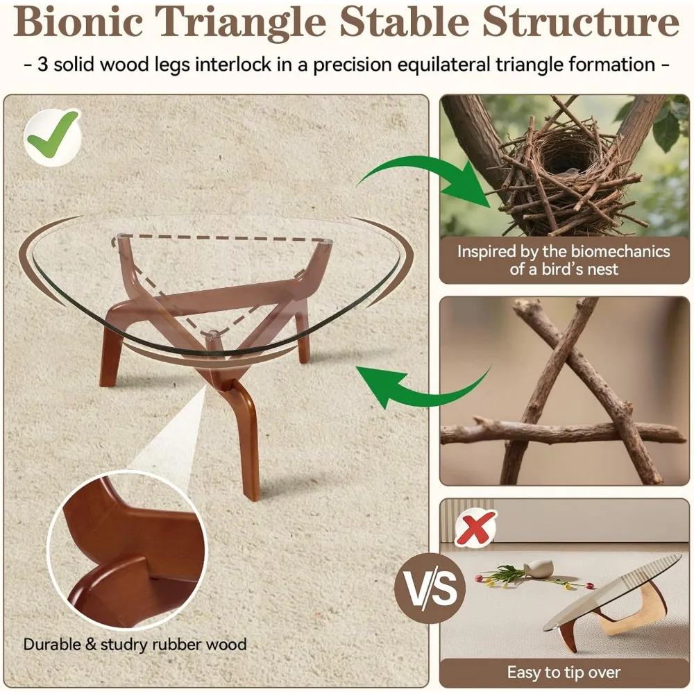 Contemporary Tempered Glass Coffee Table with Rubber Wood Triangle Base for Living Spaces