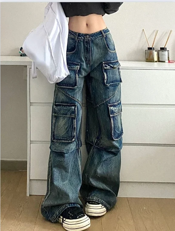 

Vintage Multi-pocket Workwear Jeans Women's High Street Straight Wide Leg Pants Loose Slimming Wide Leg Pants 2024 Fashion New