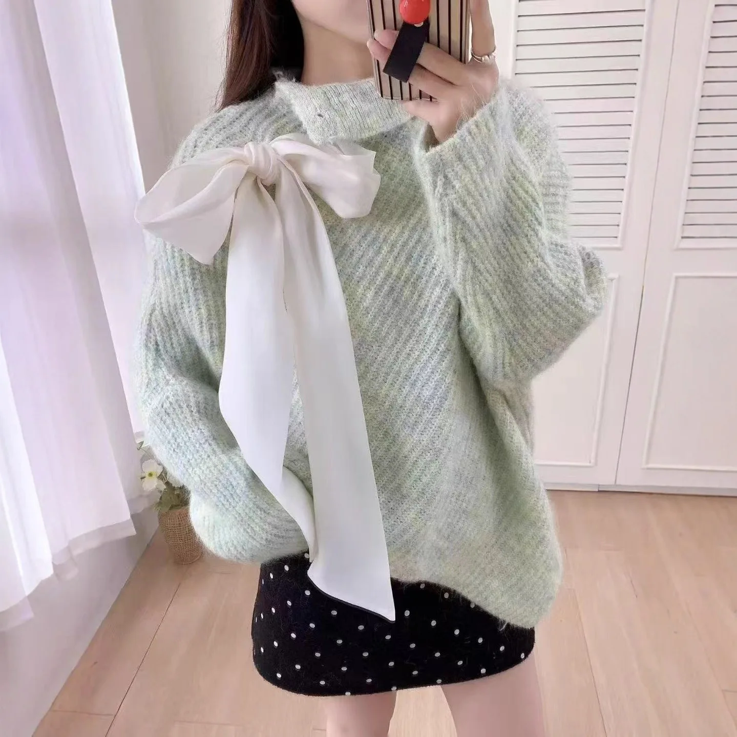 

Loose Long Sve Women's Knitwear Knot Pure Color Design Sensation Autumn Winter New Sle Comfortable Fce Thic...